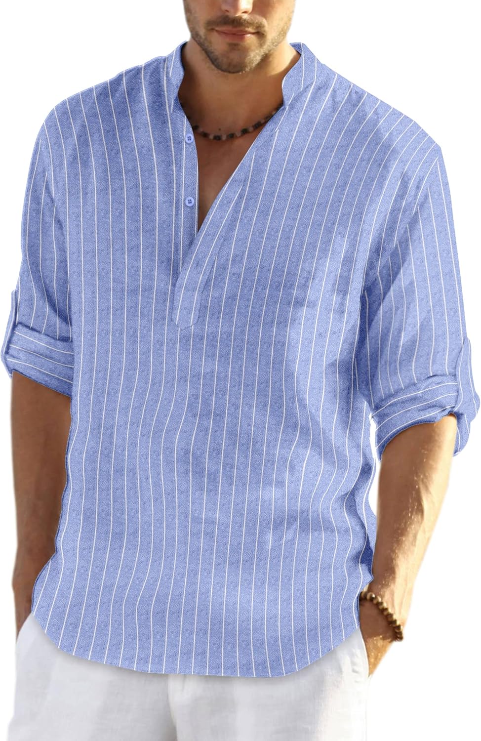COOFANDY Hemd Herren Langarm Leinenhemd Baumwolle Henley Shirt Casual Regular Fit Sommerhemd XL Blau
