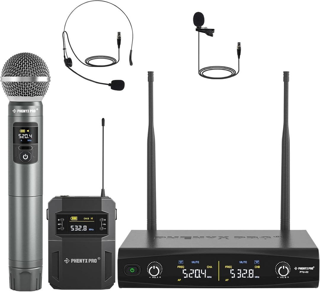 Phenyx Pro Dual UHF Hand/Bodypack Funkmikrofon-Set PTU-52-1H1B | Auto-Pairing, Metallmikro, Headset-