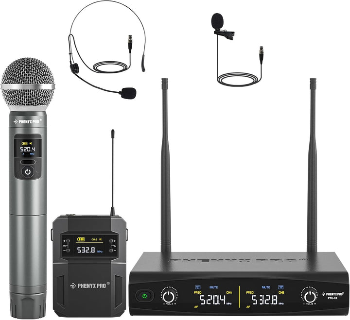 Phenyx Pro Dual UHF Hand/Bodypack Funkmikrofon-Set PTU-52-1H1B | Auto-Pairing, Metallmikro, Headset-