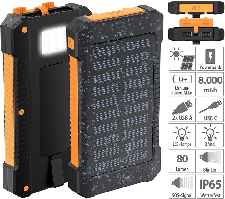 revolt Solar Ladegerät Handy: Solar-Powerbank, 8.000 mAh, 2X USB 2A, Typ-C-Input, IP65, LED-Lampe (S