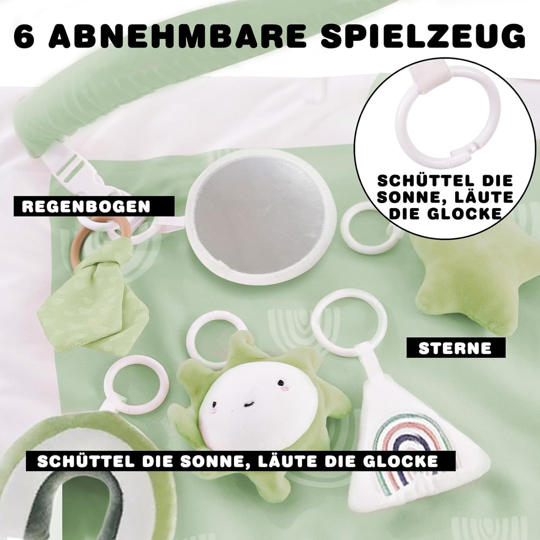 Mallify - Spielmatte für Babys mit Krabbeldecke, 6 abnehmbaren sensorischen Spielzeugen und 12 bunte