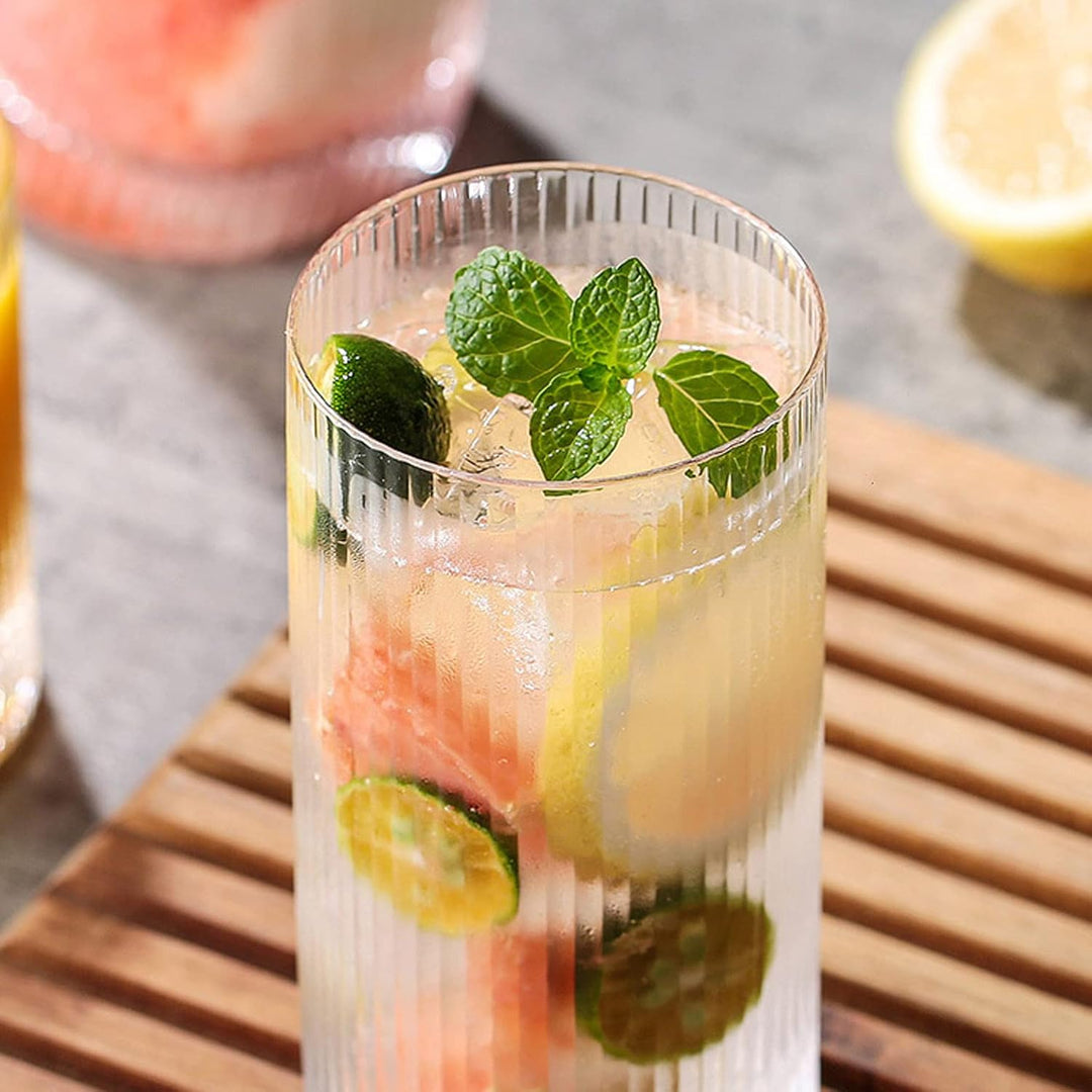 INSETLAN 370ml Geriffelte Longdrinkgläser mit Glasstrohhalm | Ideal für Whisky, Bier, Säfte | Spülma