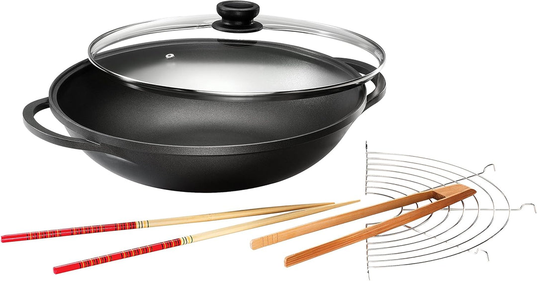 Kopf Wok Mai-Lu (Aluguss, Ø 36 cm, Induktion, ILAG Antihaftbeschichtung, inkl. Glasdeckel und Zubehö