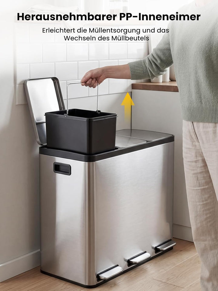 YEAUPE PRO Mülleimer Küche 3 x18L Edelstahl, 3 Fach Treteimer 54L Mülltrennungssystem, Abfalleimer m