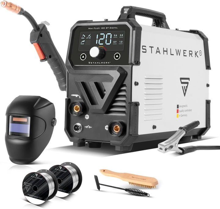 STAHLWERK Mini FLUX 120 ST Vollausstattung Fülldraht Schweissgerät mit synergischem Drahtvorschub fü