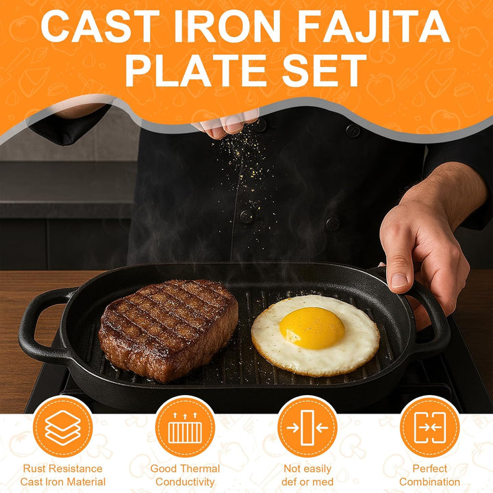 2er-Set Gusseisen Servierpfannen mit Holzuntersetzer & abnehmbarem Griff – Ovaler Sizzling Steak-Pla