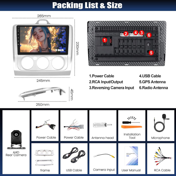 CAMECHO Carplay Autoradio 9 Zoll DSP Radio für Ford Focus Mk2 2004-2011 mit Android Auto FM RDS, Blu
