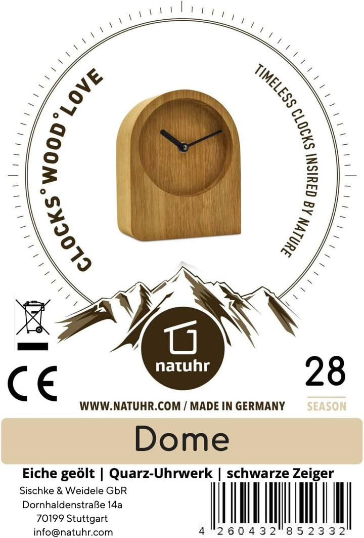 Natuhr Tischuhr Eiche Holzuhr - Dome - puristisch modern Massivholz (Eiche geölt, Schwarze Zeiger -