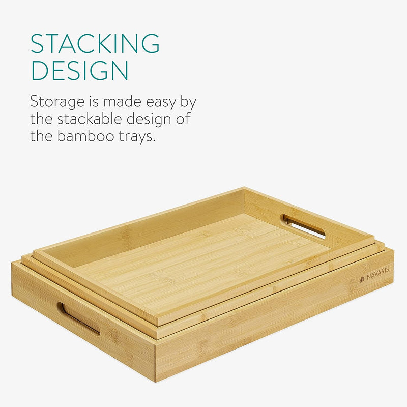 Navaris Serviertablett Tablett aus Bambus - 3x Servierplatte Frühstückstablett Holztablett - rechtec