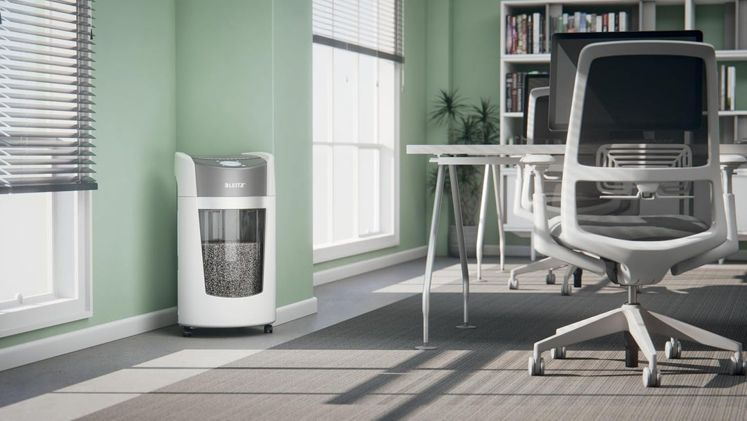 Leitz IQ Set OptiMax Office P5 Aktenvernichter mit Mikroschnitt, 10 Blatt, Rotierender Behälter für