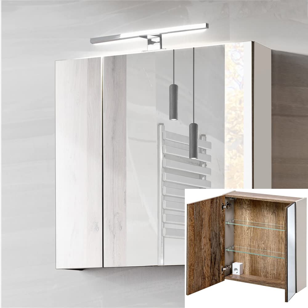 Lomadox Badezimmer Spiegelschrank 60cm Taupe mit Vintage Oak Eiche, 2-türig, LED Beleuchtung, Schalt