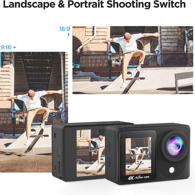 TIMNUT 4K Action Cam Touchscreen - Dual Screen 40M Unterwasserkamera 170°Weitwinkel Helmkamera 20MP