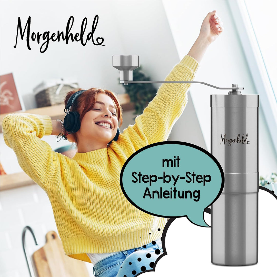 Morgenheld Kaffeemühle Edelstahl manuell stufenloses Keramikmahlwerk mechanische Hand Kaffee Mühle K