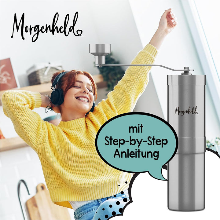 Morgenheld Kaffeemühle Edelstahl manuell stufenloses Keramikmahlwerk mechanische Hand Kaffee Mühle K
