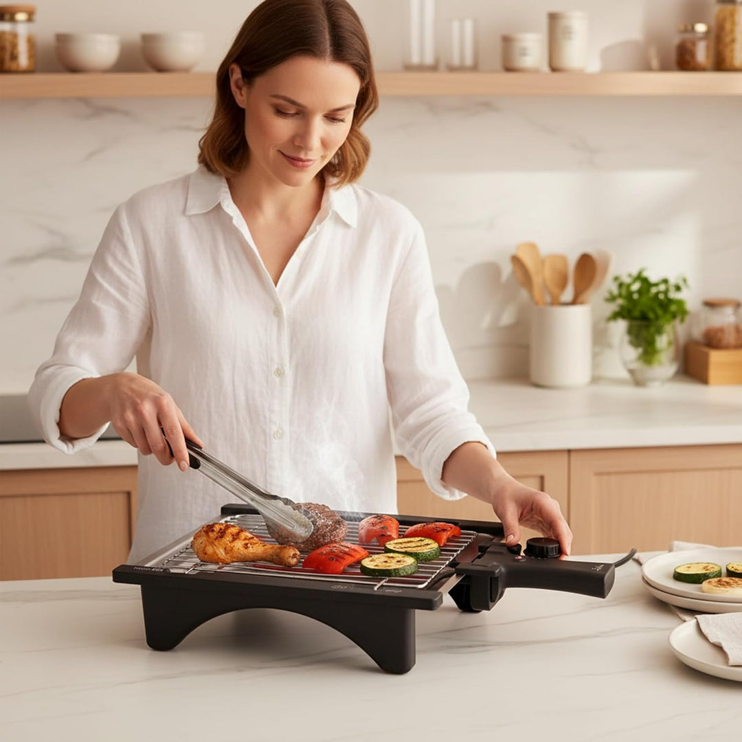 Jata BQ95 Electro Grill Perfekt Für Zwei Personen Rauchfrei Abnehmbarer Grill mit 2 Höhen Edelstahlt