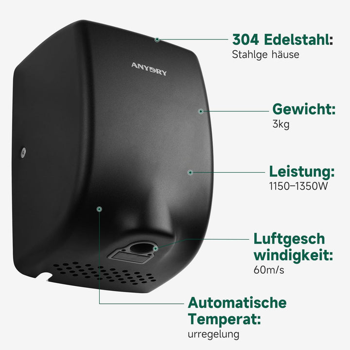anydry 2803Y Mini-Händetrockner, Hochgeschwindigkeits-Luftstrom 1350W, Edelstahl-Mattlack-Oberfläche