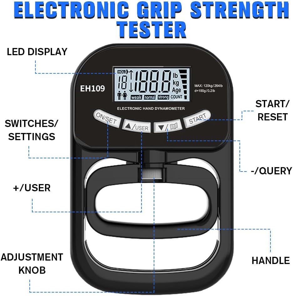 Digitaler Handkraftmessgerät, Elektronischer Hand Dynamometer 180 kg/396 lb mit USB-Ladekabel & LCD-