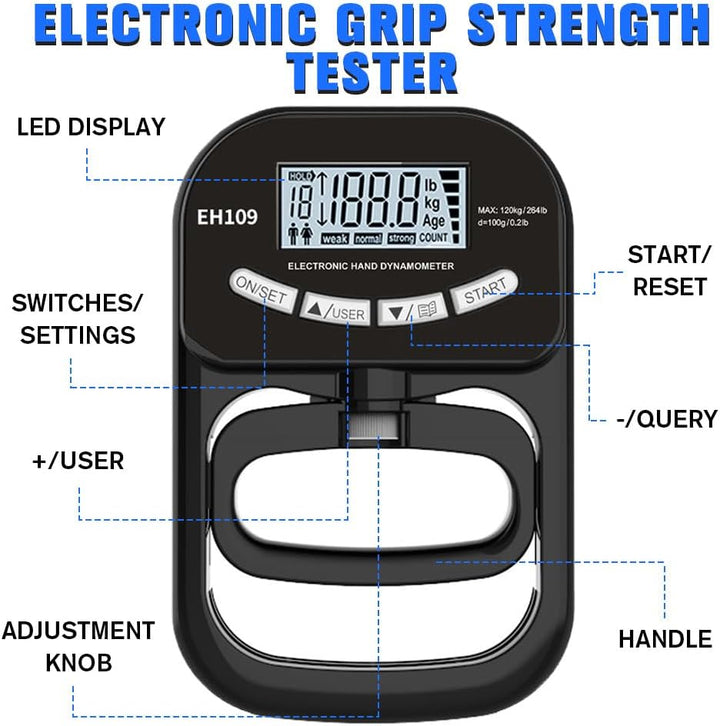 Digitaler Handkraftmessgerät, Elektronischer Hand Dynamometer 180 kg/396 lb mit USB-Ladekabel & LCD-