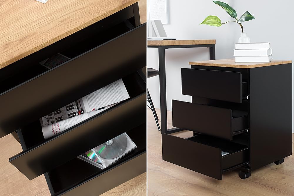 Moderner Rollcontainer BIG DEAL edelmatt schwarz Eiche Bürocontainer Büroschrank mit 3 Schubladen mi