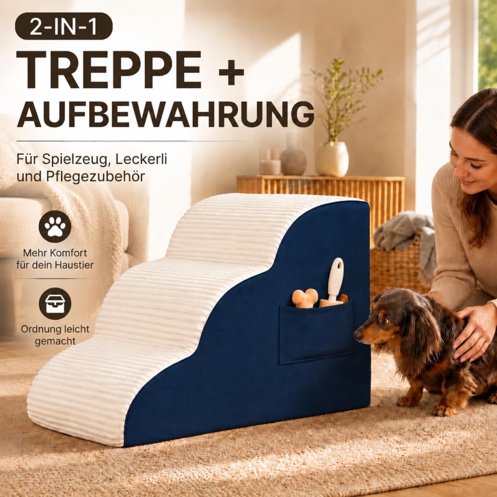 BEST JAJA Hundetreppe 3 Stufen mit Kanteneinfassung – formstabil und rutschfest, 40 cm hoch für Bett