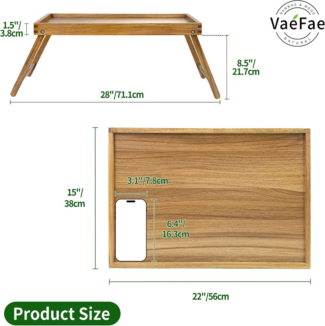VaeFae Akazie Gross Bett Tabletttisch, Betttablett Klappbar aus Holz, Frühstückstablett als Esstisch