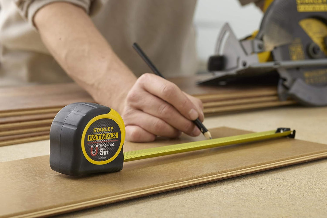 Stanley FatMax Bandmass Blade Armor, Magnethaken (5 m Länge, Feststeller, automatischer Rücklauf, Gü