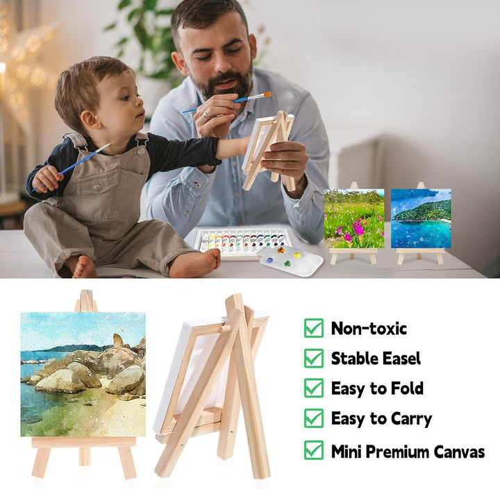 47 Stück Mini Leinwand mit Staffelei, Tischstaffelei Set, Leinwand 10x10cm mit 12 Farbige Acrylfarbe