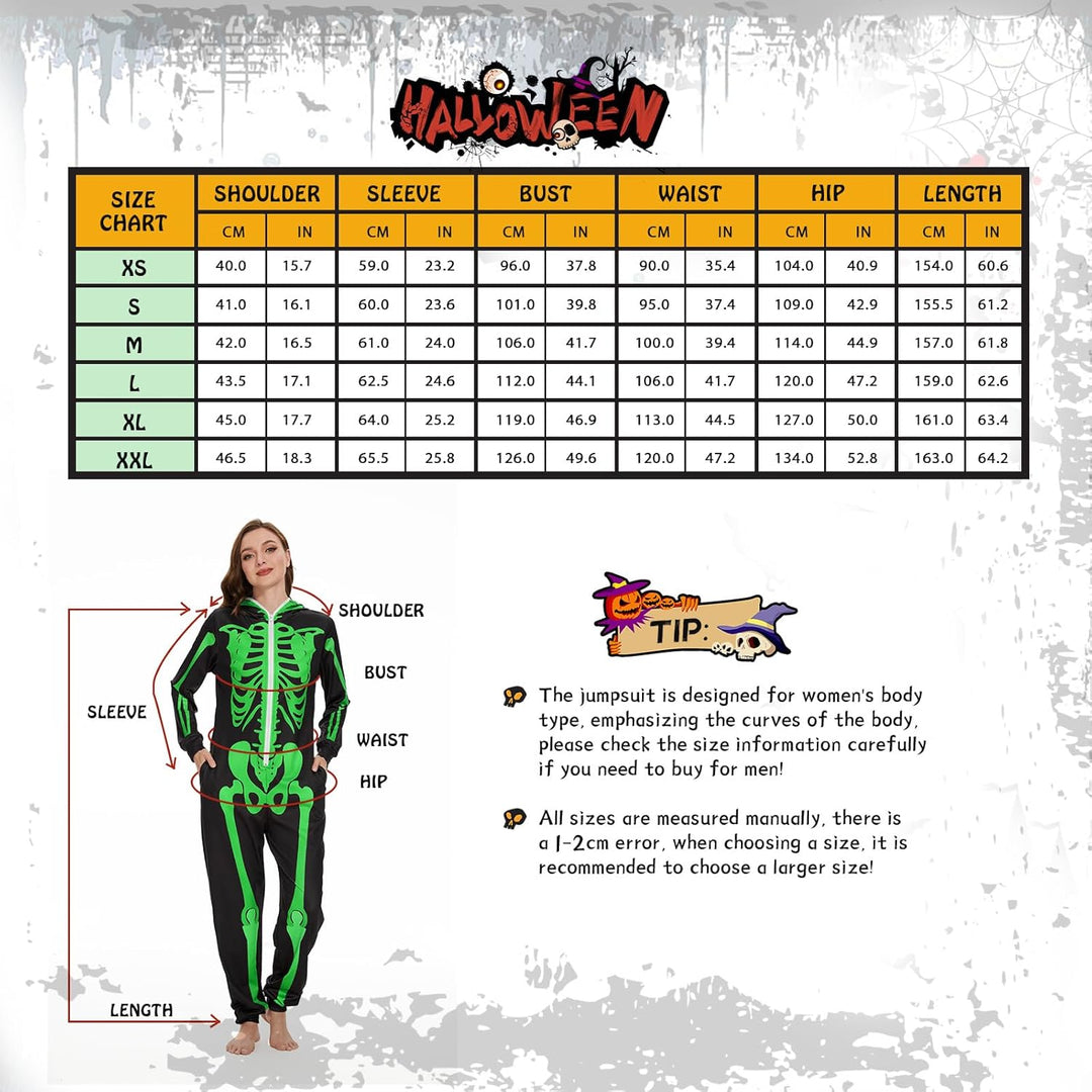 Ulikey Halloween Skelett Kostüm Damen, Halloween Skelett Onesie Overall Pyjama Erwachsene Damen Hall