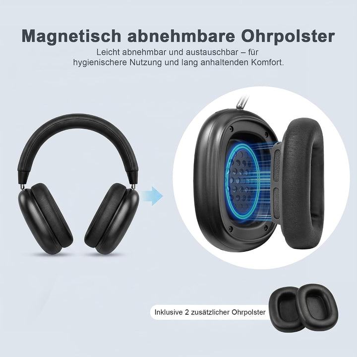 Over Ear Kopfhörer Bluetooth mit magnetischen Ohrpolstern | 80H Akku, 2 Extra-Sets Ohrpolster, mit M