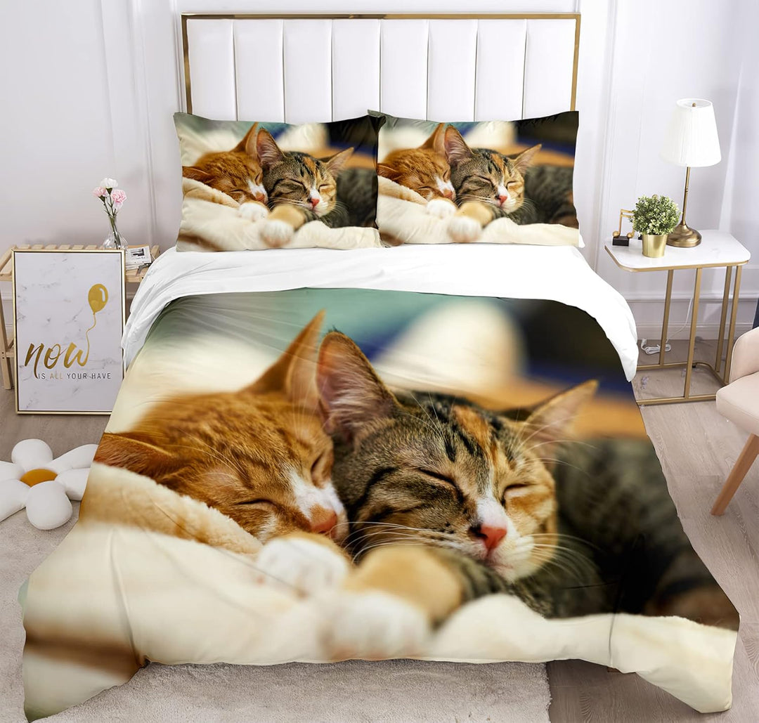 JEFFEL Katze Bettwäsche Set 200 x 200 cm, Tiermotiv, Kinderbettwäsche, Cat Muster Bettbezug 3D Haust