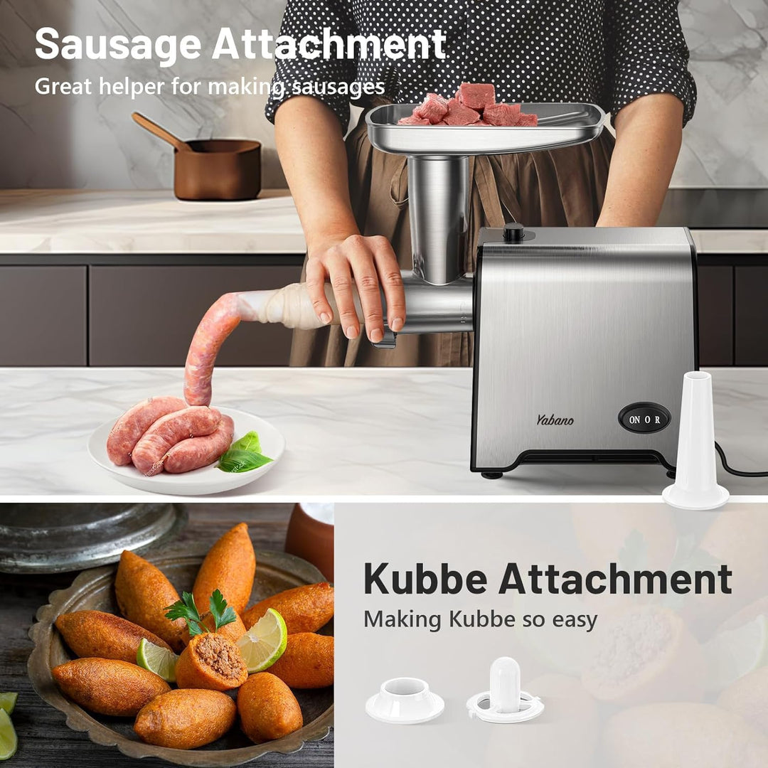 Yabano Fleischwolf Elektrisch, Wurstaufsatz, 3 Edelstahl Loch-Scheiben (3, 5, 7mm), Stopfer, Kebbe-A