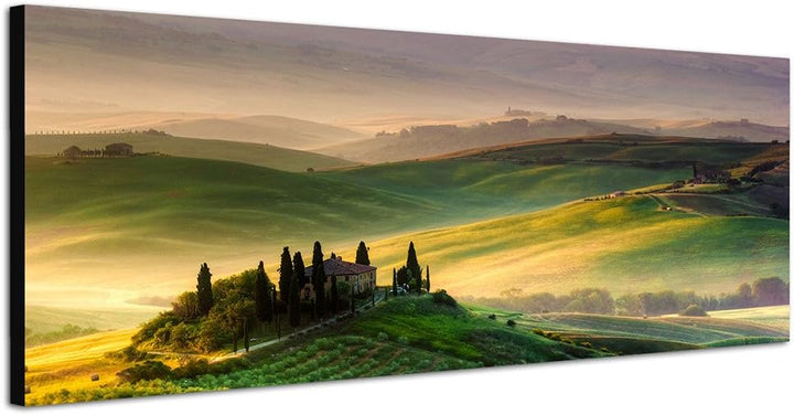 Paul Sinus Art Panoramabild auf Leinwand und Keilrahmen 150x50cm Toskana Landschaft Weinberge Wiesen
