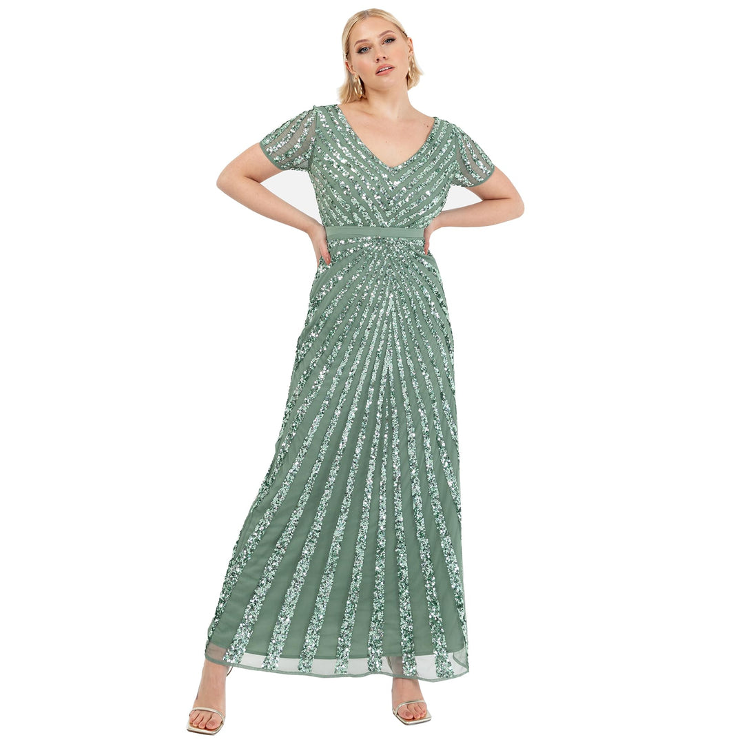 Maya Deluxe Damen Maxi Womens Ladies Embellished Sequin Dress Long Short Sleeve V Neck High Empire W