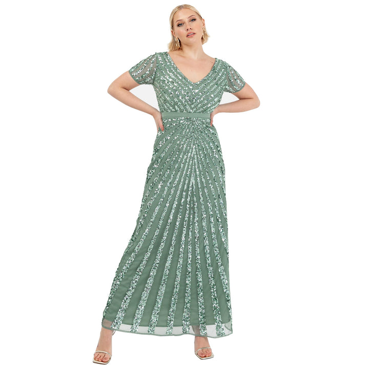 Maya Deluxe Damen Maxi Womens Ladies Embellished Sequin Dress Long Short Sleeve V Neck High Empire W