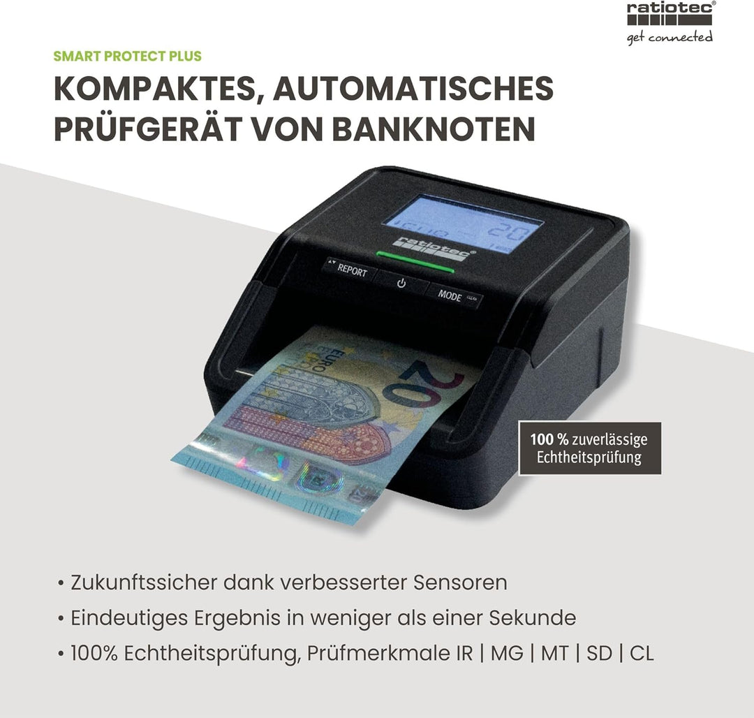 ratiotec Banknotenprüfgerät Smart Protect Plus – automatisches Prüfgerät zur 100% Echtheitsprüfung v