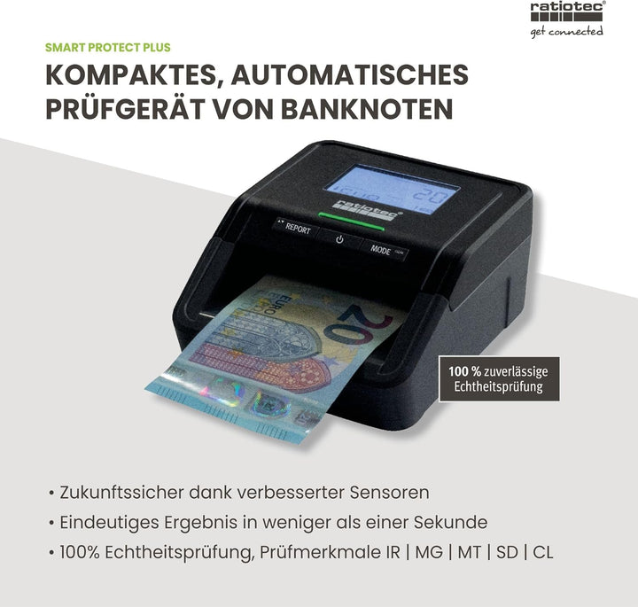 ratiotec Banknotenprüfgerät Smart Protect Plus – automatisches Prüfgerät zur 100% Echtheitsprüfung v