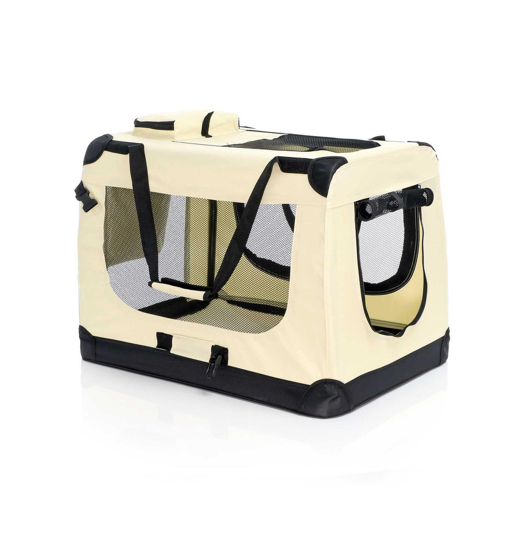 Fudajo Faltbare Transportbox in Beige für Haustiere, Grösse L (70x52x50cm), Tragegriff, Liegedecke