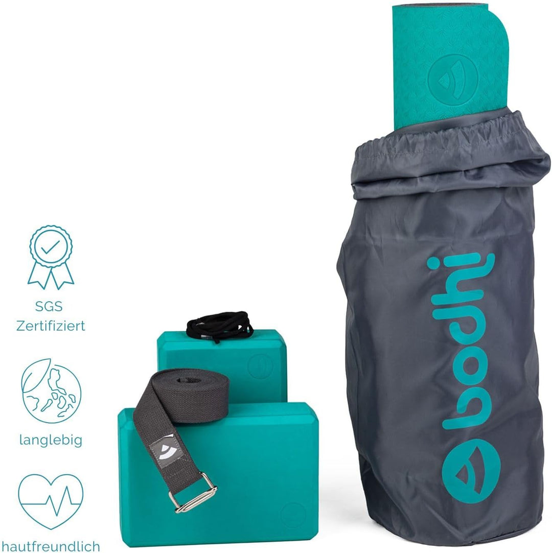 Bodhi Yoga Starter-Set Komplett | Rutschfeste Yogamatte aus TPE inkl. 2 Yogablöcken aus Eva (Moosgum