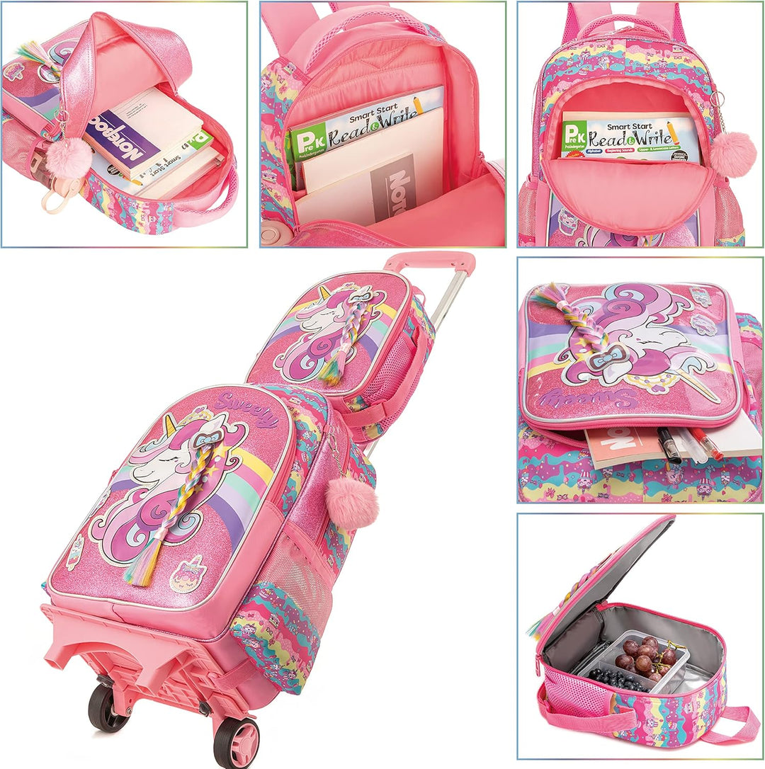 HTgroce Schulranzen Schulranzen mit Rollen Einhorn Trolley für Mädchen,16inch Schulranzen Mädchen Ei