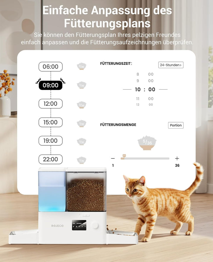 ROJECO Futterautomat Katze und Trinkbrunnen 2-in-1 mit APP WiFi Timer 8,5L katzenfutter automat(5L+3