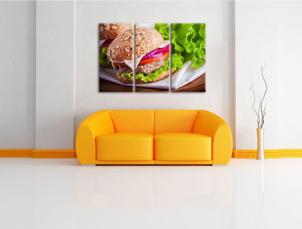 Pixxprint Köstlicher Hamburger als 3-Teiler Leinwandbild 120x80 Bild auf Leinwand