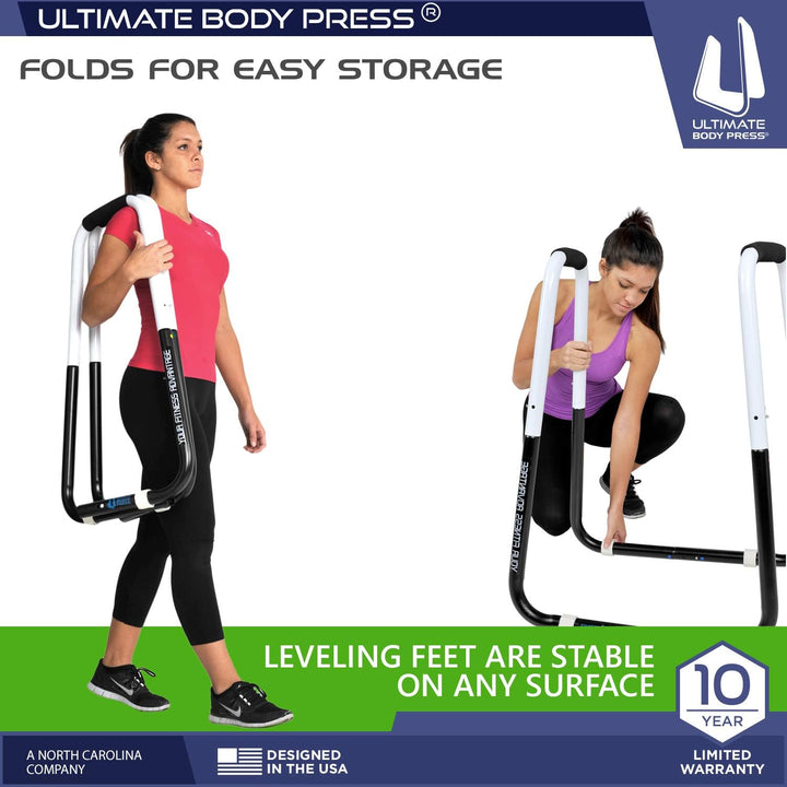 Ultimate Body Press Dip Bar Fitnessstation: Breitenverstellbarer, klappbarer Dip-Stand mit schrägen