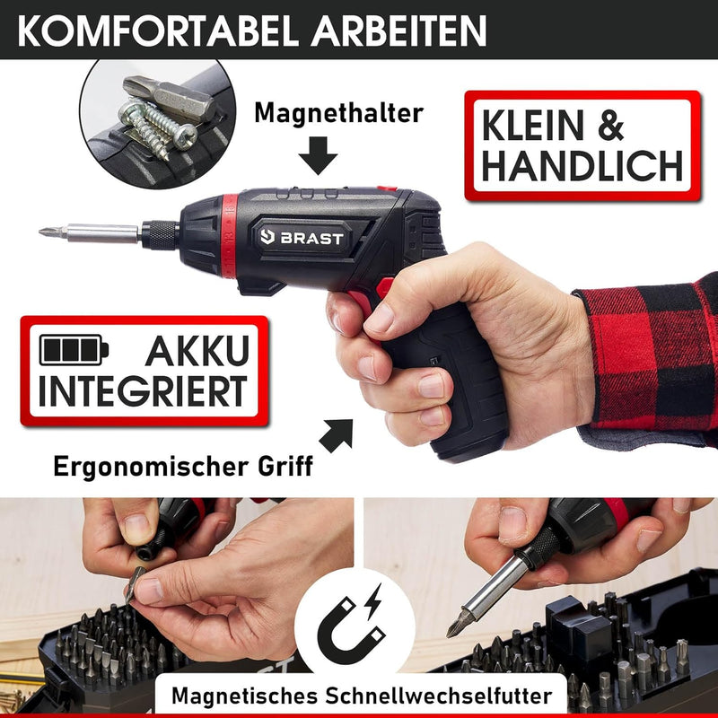 BRAST® Akkuschrauber Akku Bohrschrauber | 4,0V / 2Ah Li-Ion-Akku | 54 Chrom-Vanadium-Bits | schwenkb