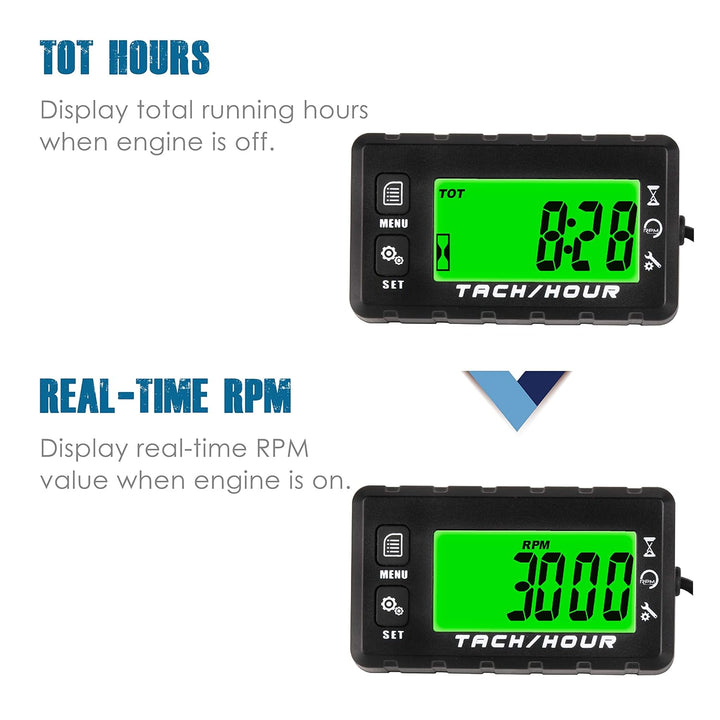 Runleader Digital Self Powered Betriebsstundenzähler Drehzahlmesser,Wartungserinnerung, Warnung Dreh