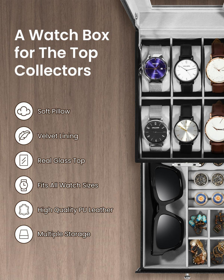 Uten Uhrenbox, 6 Fächern und 1 Schublade mit Schlüsselschloss, Glasdeckel, Schwarzes PU, Graues Samt