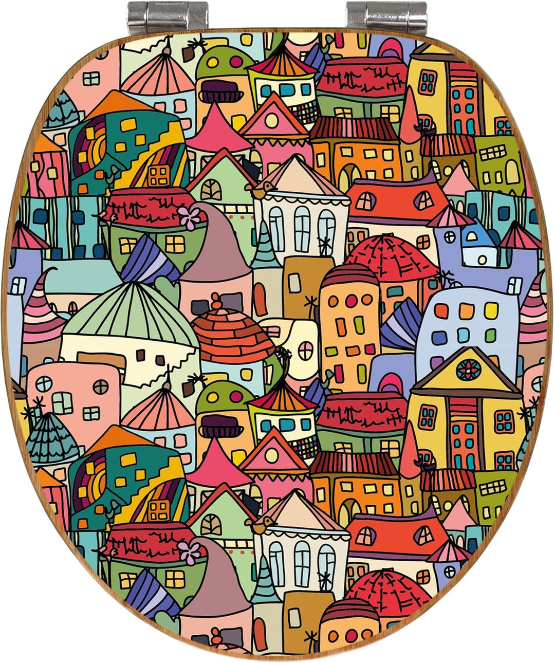 banjado® Design WC Sitz Bambus Absenkautomatik mit Motiv Funky Town/Toilettendeckel mit Absenkautoma