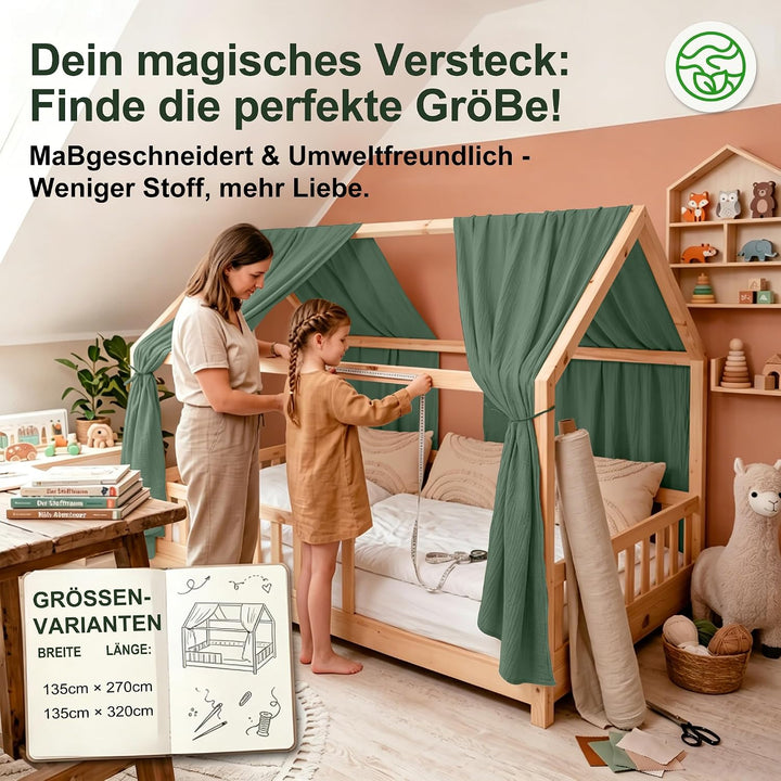 Hausbett Himmel Kinder Betthimmel Kinderbett mit 3m Wimpelkette, Dunkelgrün Dunkelgrün H270 x B135 c