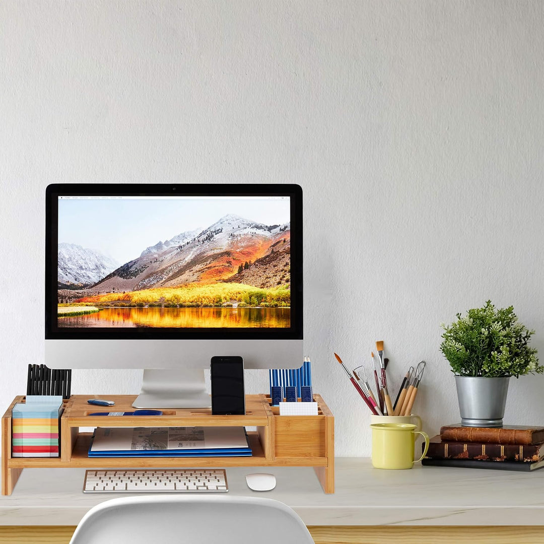 Relaxdays Monitorständer, 14 Fächer, 15x65x28 cm, Natur & Schreibtisch-Organizer: 21x20x13cm Ablages