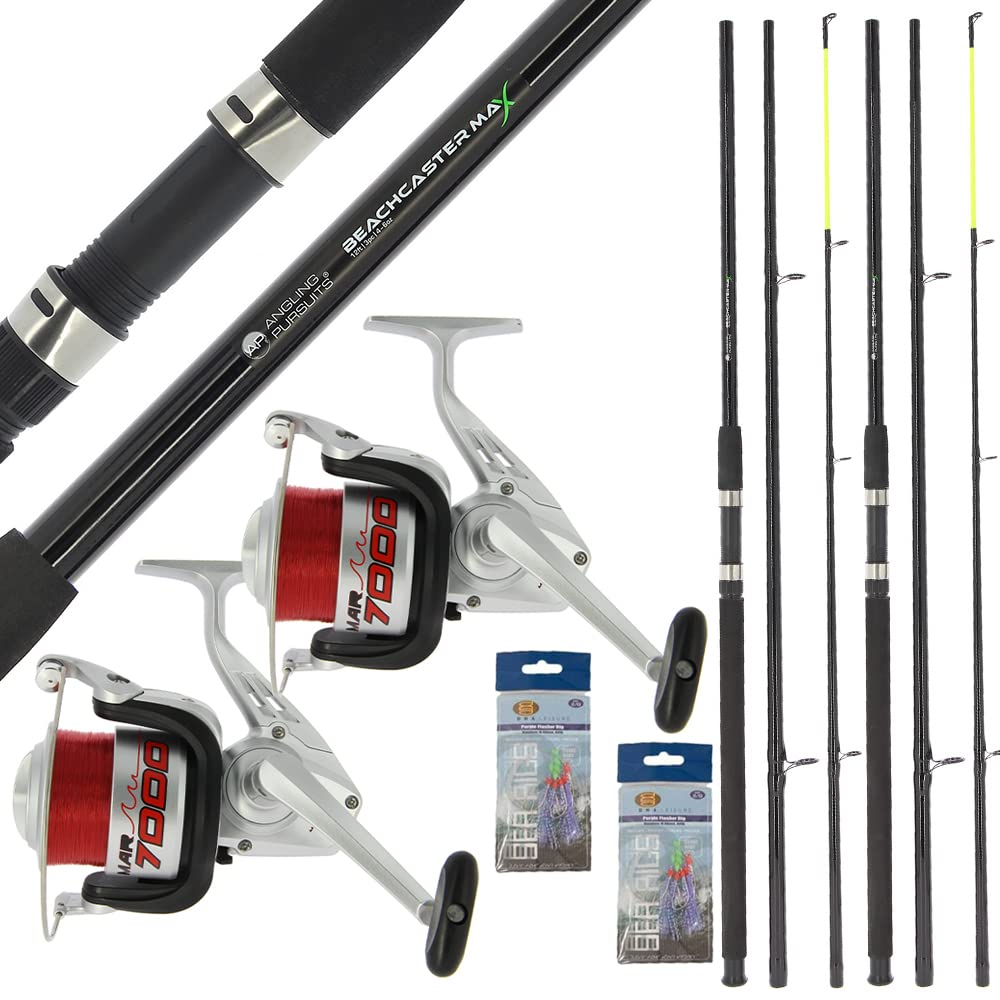 2 x Meeresangeln, Beachmaster-Angelrute, 3,6 m, 3 Stück & 2 x 1BB-Rolle, 9 kg, rote Schnur mit 2 Pac