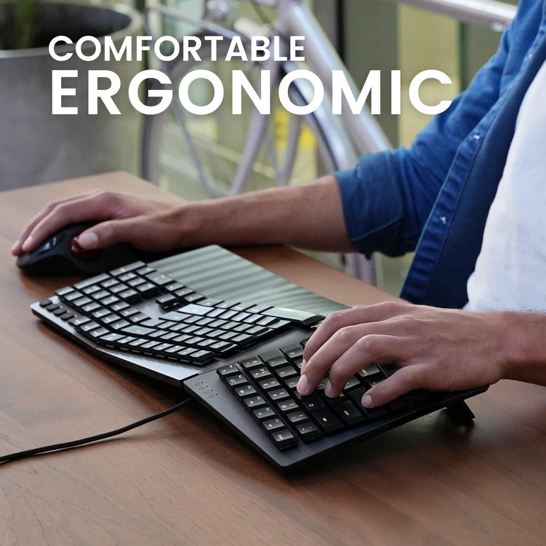 Perixx PERIBOARD535BL Kabelgebundene ergonomische mechanische Tastatur in voller Grösse – Flache Bla